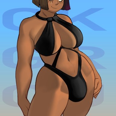 original, bretta (capydiem), original character, capy diem, 1futa, bangs, big breasts, bikini, breasts, brown hair, bulge, clothed, clothing, dark-skinned futanari, dark skin