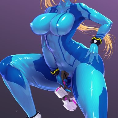 metroid, nintendo, samus aran, domoipetti, domoshipette, 1girls, big breasts, blonde hair, blue eyes, bodysuit, bottomwear, clothing, curvaceous, curvy, erect nipples