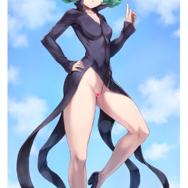 one-punch man, tatsumaki, mogudan, black dress, black shoes, dress, female, green eyes, green hair, pelvic curtain aside, solo, wavy hair, censored, heart censor