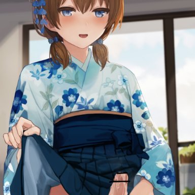 original, sunaba (nczd5875), 1boy, blue eyes, brown hair, crossdressing, cum, ejaculation, femboy, flower, girly, hair between eyes, hair flower, hair ornament, japanese clothes