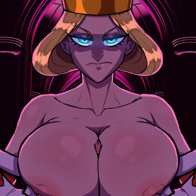 ousama ranking, queen hilling, xenion, areolae, bare shoulders, big breasts, blonde hair, blue eyes, crown, gloves, glowing, glowing eyes, light-skinned female, light skin, looking at viewer