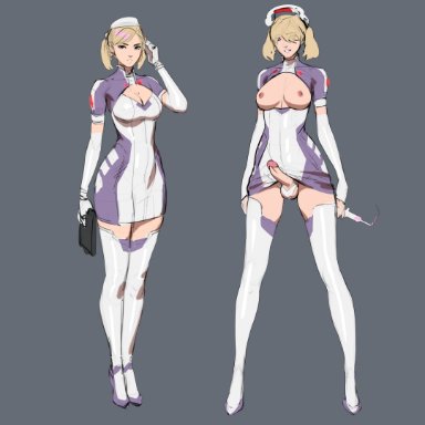 tarakanovich, 1futa, 1girls, armwear, balls, blonde hair, breasts, breasts out, cleavage, clothed, clothing, covered eyes, duo, erect penis, erection