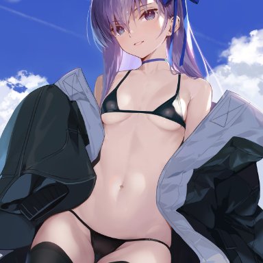 fate/grand order, fate (series), meltryllis, siino, 1girls, bare shoulders, bikini, black bikini, black legwear, breasts, choker, female, jacket, legwear, light-skinned female