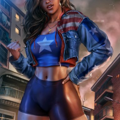 marvel, marvel comics, america chavez, logan cure, brown eyes, brown hair, crop top, dark-skinned female, dark skin, denim, denim jacket, earrings, flag print, full moon, hand on hip