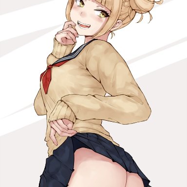 my hero academia, himiko toga, bluefield, 1girls, ass, blonde hair, blush, breasts, fangs, female, female only, large ass, medium breasts, naughty face, no panties