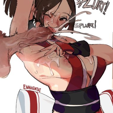 fatal fury, king of fighters, mai shiranui, ennhentai, areolae, armpit sex, armpits, balls, big breasts, blush, breasts, brown hair, cum, cum on breasts, cum on face