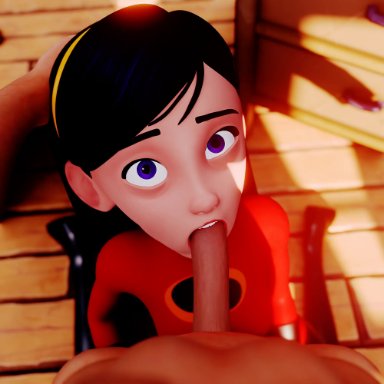 disney, the incredibles, violet parr, xzcrystal3d, 1boy, 1boy1girl, 1female, 1girl, 1girl1boy, 1girls, 1male, athletic female, blowjob, deepthroat, duo