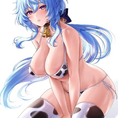 genshin impact, ganyu (genshin impact), gomi (hakumaiteacher), ahoge, animal print, areola slip, bell, big breasts, bikini, blue hair, breasts, cleavage, cow print, female, hair between eyes