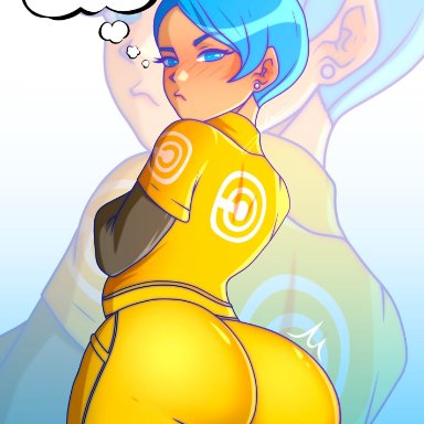 dragon ball, dragon ball super, bulma briefs, artist request, 1girls, ass, back view, big ass, blue eyes, blue hair, bubble butt, dat ass