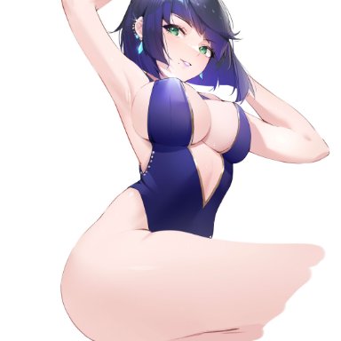 genshin impact, yelan (genshin impact), 1girls, armpits, blue hair, breasts, female, green eyes, large breasts, short hair, smile, solo, swimsuit, thighs, hi res