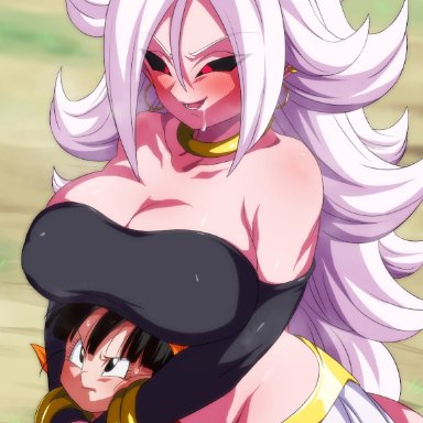 dragon ball, dragon ball fighterz, dragon ball gt, dragon ball z, android 21, majin android 21, pan (dragon ball), rom, 2girls, baggy pants, bandana, big breasts, black hair, black nails, black sclera