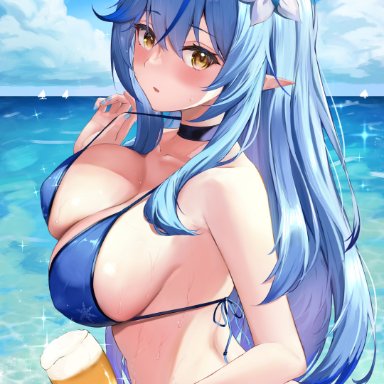 hololive, yukihana lamy, 1girls, ahoge, alcohol, ass, bangs, beer, bikini, bikini pull, black choker, blue bikini, blue bow, blue hair, blue nails