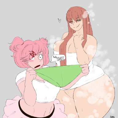 doki doki literature club, sausagesspicy, ass, big ass, big breasts, big thighs, blush stickers, breasts, cleavage, frilled skirt, frilly skirt, green panties, heart, holding panties, huge ass