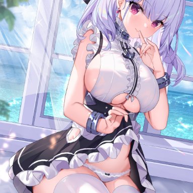 azur lane, dido (azur lane), shanguier, bare arms, bare shoulders, big breasts, black footwear, black skirt, breasts, clothing cutout, dress, earrings, female, finger to mouth, frilled dress