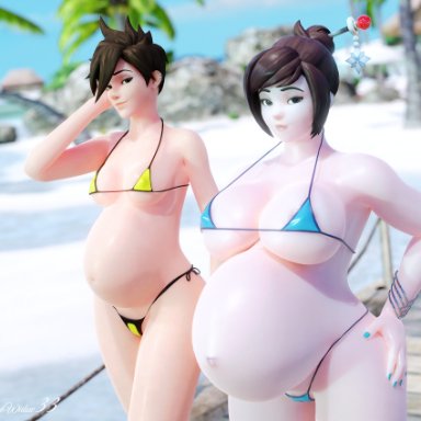 overwatch, mei (overwatch), tracer, the blue widow33, 2girls, belly, big breasts, bikini, breasts, female, huge belly, large breasts, looking at viewer, pregnant, ready to pop