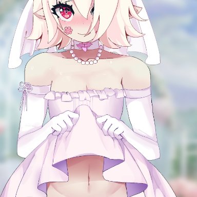 original, 1boy, asking for it, belly, blonde hair, blush, bottomless, choker, crossdressing, dress, dress lift, elbow gloves, femboy, flower, flower in hair