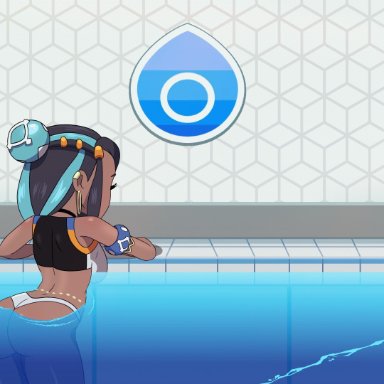 nintendo, pokemon, pokemon ss, nessa (pokemon), laceysx, laceyxitzal, ass, bikini bottom, blue eyes, blue hair, blue highlights, brown skin, dark-skinned female, dark skin, erect penis