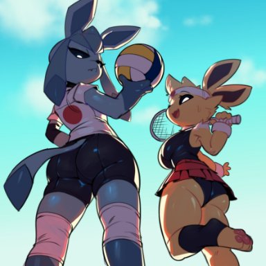 pokemon, eeveelution, glaceon, jolteon, pok&#233;mon (species), greasymeta, 2girls, anthro, ass, clothed, female, female focus, furry, multiple girls, tennis racket