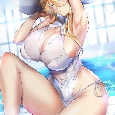 fate/grand order, fate (series), artoria pendragon, artoria pendragon (all), artoria pendragon (lancer), kumakichi (cost-lost), arm behind head, arm up, armpits, bangs, bare shoulders, big breasts, blonde hair, blush, bottomless