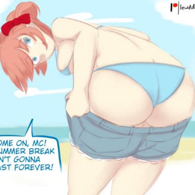 doki doki literature club, lewddoodler, 1girls, ass, beach, bent over, big ass, bikini, blue eyes, breasts, clothing, cloud, daisy dukes, female, female only