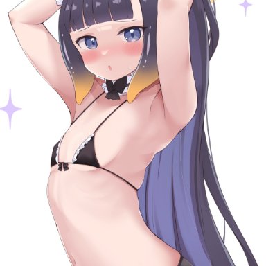 hololive, hololive english, ninomae ina'nis, tako (ninomae ina'nis), cocozasa, pocopoco, armpits, arms behind back, arms behind head, arms up, bangs, bikini, blue eyes, blunt bangs, blush