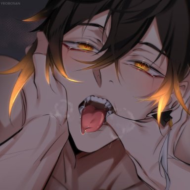 genshin impact, zhongli (genshin impact), yeobosannsfw, 1boy, 2boys, brown hair, finger in mouth, gay, gold eyes, golden eyes, male/male, male only, mouth, mouth hold, open mouth