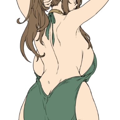 original, houtengeki, ass, bead bracelet, beads, bracelet, breasts, brown hair, dress, female, from behind, glasses, green dress, green eyes, hair ornament