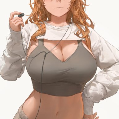 original, original character, yohan1754, 1girls, blush, bra, breasts, cleavage, earbuds, hand on hip, hips, huge breasts, large breasts, light brown hair, listening to music