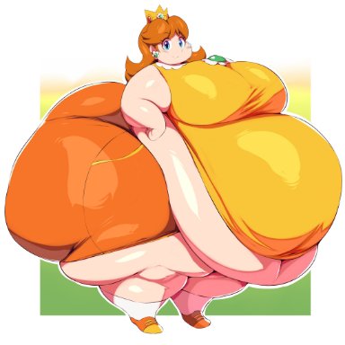 mario (series), mario tennis, nintendo, princess daisy, trinity-fate62, 1girls, ass, bbw, belly, belly overhang, blue eyes, breasts, brown hair, crown, earrings