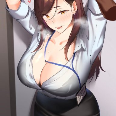 original, ichinose (ichinose1592), 1boy, 1girls, bangs, black bra, black legwear, black skirt, blush, bra, breasts, brown hair, cleavage, closed mouth, collarbone