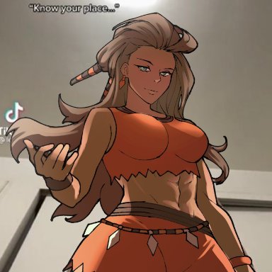 pokemon, pokemon sv, pokemon professor, sada (pokemon), artist request, 1girls, abs, female, muscular female, naughty face, real background, seductive look, seductive smile, smile