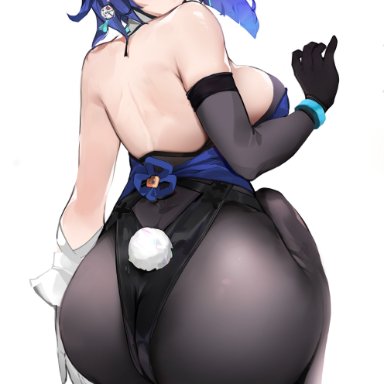 genshin impact, yelan (genshin impact), yztp, 1girls, ass, ass focus, ass shot, back, back view, black hair, blue hair, bubble butt, bunny ears, bunny girl, bunnysuit