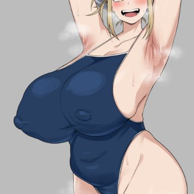 my hero academia, himiko toga, cham22, 1girls, armpits, arms up, big breasts, blonde hair, blush, breasts, cleavage, female, female only, large breasts, nipple bulge