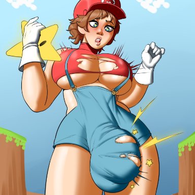 mario (series), super mario bros., mario, ancestralpotato, syntheticpotato, 1futa, balls, big breasts, big penis, breast expansion, breasts, cleavage, clothed, clothing, erection