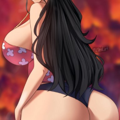 one piece, nico robin, musaed art, 1girls, ass, bare shoulders, big ass, big breasts, black hair, blue eyes, blurry background, breasts, clothing, curvy, eyelashes