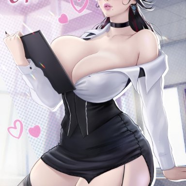 bayonetta, bayonetta (character), prywinko, black hair, boss, business suit, business woman, cleavage, garter straps, glasses, office, office lady, pinup, thick thighs, thunder thighs