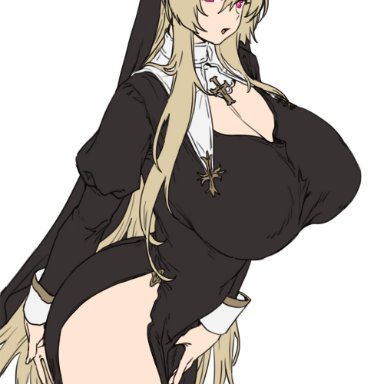 original, houtengeki, bangs, black dress, black legwear, blonde hair, blush, breasts, cleavage, cross, dress, female, habit, huge breasts, long hair