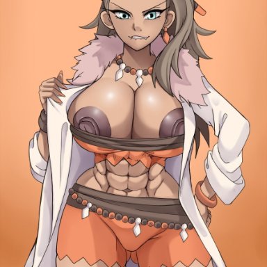 nintendo, pokemon, sada (pokemon), ttrop, abs, big breasts, big hair, blue eyes, breasts, breasts out, breasts outside, brown body, brown hair, brown nipples, brown skin