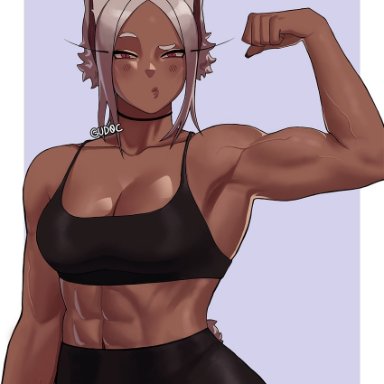 my hero academia, miruko, rumi usagiyama, gud0c, abs, animal ear fluff, animal ears, armpits, bangs, biceps, black choker, black nails, black pants, black sports bra, blush