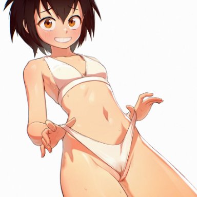 marvel, spider-man (series), peni parker, kassitta, belly, belly button, bikini, bikini bottom, bikini top, black hair, blush, breasts, brown eyes, eyebrows visible through hair, female