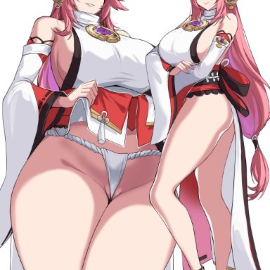 genshin impact, yae miko, drogod (artist), 1girls, animal ears, big breasts, curvy, earrings, female, female only, fundoshi, hair ornament, large breasts, long hair, looking at viewer