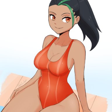 pokemon, pokemon sv, nemona (pokemon), octobola, ass, big ass, big breasts, bikini, black hair, breasts, brown skin, happy, orange eyes, simple background, thick thighs