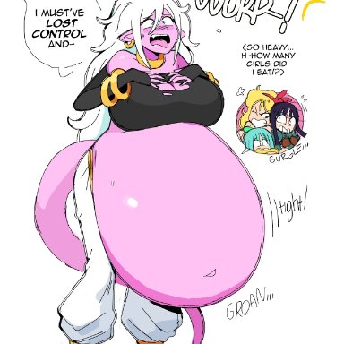 dragon ball, dragon ball fighterz, dragon ball z, android 21, android 21 (good), bulma briefs, launch, mai (dragon ball), majin android 21, dr-worm, lewdlemage, 4girls, baggy pants, big belly, big breasts