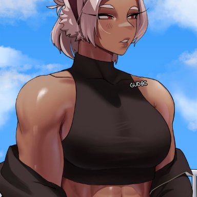 my hero academia, miruko, rumi usagiyama, gud0c, 1girl, abs, alternate hairstyle, animal ears, bare shoulders, black jacket, blue sky, blush, breasts, crop top, dark-skinned female