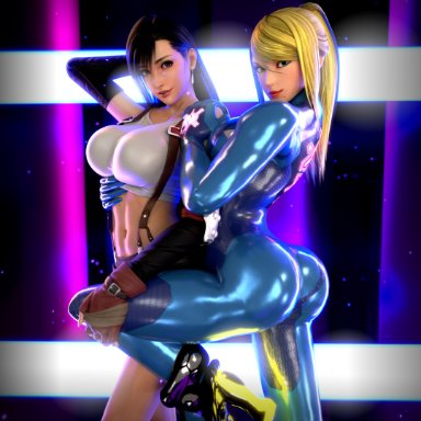 final fantasy, final fantasy vii, metroid, samus aran, tifa lockhart, adeptusinfinitus, 2girls, ass, big breasts, black hair, blonde hair, bodysuit, elbow gloves, heels, latex