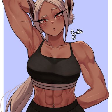 my hero academia, miruko, rumi usagiyama, gud0c, abs, animal ears, arms behind back, arms behind head, bare shoulders, biceps, breasts, closed mouth, collarbone, dark-skinned female, dark skin