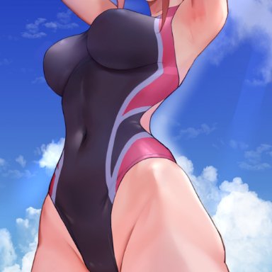 chainsaw man, makima (chainsaw man), kazumasawatari, 1girls, bare shoulders, breasts, female, female focus, female only, highleg, highleg swimsuit, one-piece swimsuit, red hair, swimsuit, thick thighs