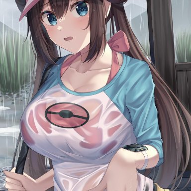 pokemon, rosa (pokemon), 1girl, blush, bra, pink bra, rain, skirt, wet clothes, wet shirt