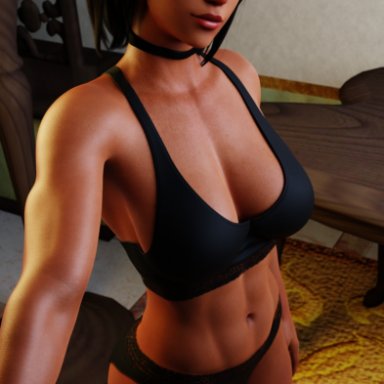 overwatch, pharah, darkbahamuth, 1girl, black hair, bra, choker, cleavage, female, female only, fit, fit female, inside, lingerie, panties