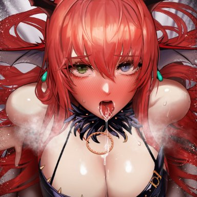 dungeon and fighter, monaim, 1boy, after deepthroat, after oral, bare shoulders, blue eyes, blush, breasts, brown legwear, cleavage, cum, cum in mouth, cum on tongue, cum string